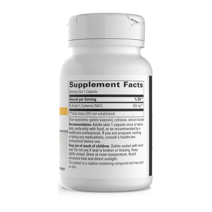 A white plastic bottle of Integrative Therapeutics NAC dietary supplements with a flip-top cap, shown on a clean white background. The front label reads 'Supplement Facts' with black text and a small yellow stripe.