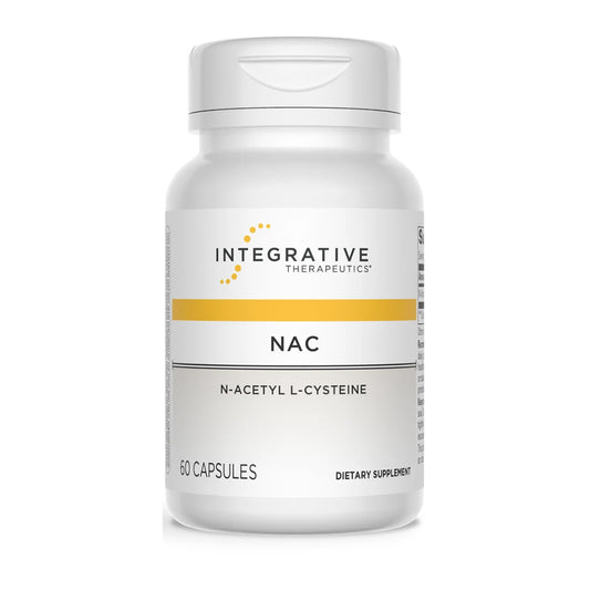 A white bottle of Integrative Therapeutics NAC dietary supplement capsules on a clean white background.
