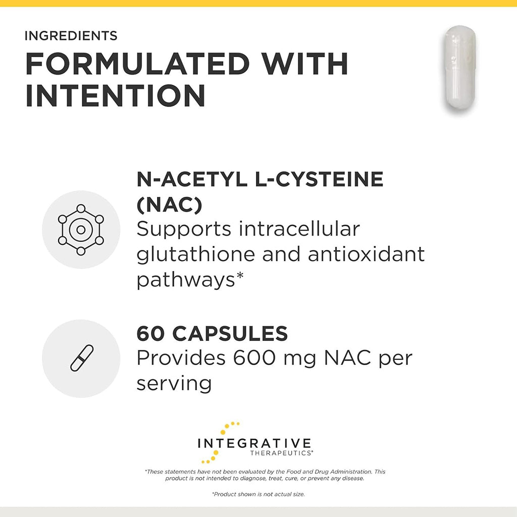 An informational product graphic for Integrative Therapeutics N-Acetyl L-Cysteine (NAC) capsules. The white graphic features black text detailing the ingredients and benefits, alongside a small illustration of a white capsule on the top right.