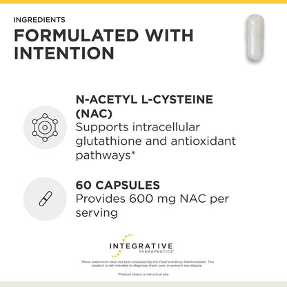 An informational product graphic for Integrative Therapeutics N-Acetyl L-Cysteine (NAC) capsules. The white graphic features black text detailing the ingredients and benefits, alongside a small illustration of a white capsule on the top right.