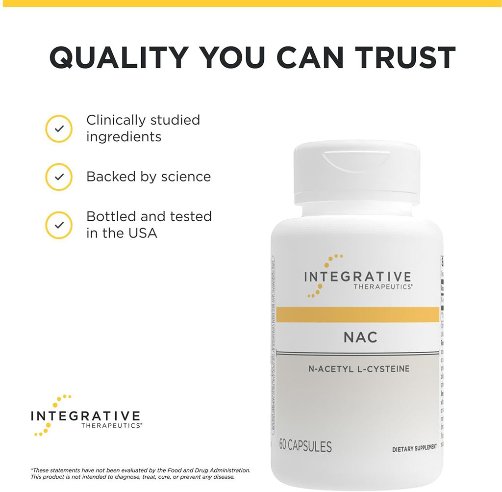 A white bottle of Integrative Therapeutics NAC dietary supplement capsules shown on a white background with quality bullet points on the left.