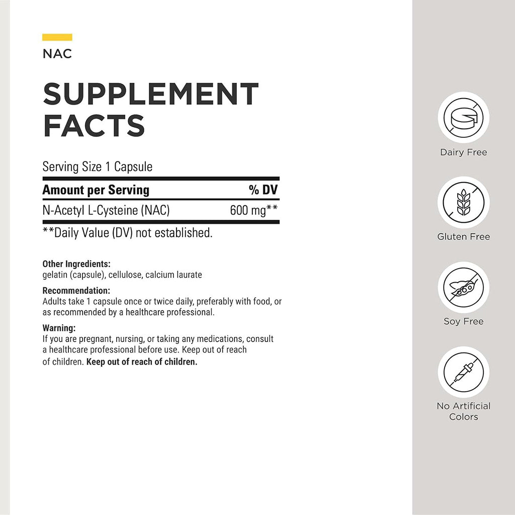 Supplement facts label for NAC supplement capsules, showing serving size, amount per serving, % DV, other ingredients, recommendation, warning, and icons indicating dairy free, gluten free, soy free, and no artificial colors.