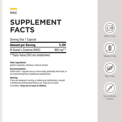 Supplement facts label for NAC supplement capsules, showing serving size, amount per serving, % DV, other ingredients, recommendation, warning, and icons indicating dairy free, gluten free, soy free, and no artificial colors.