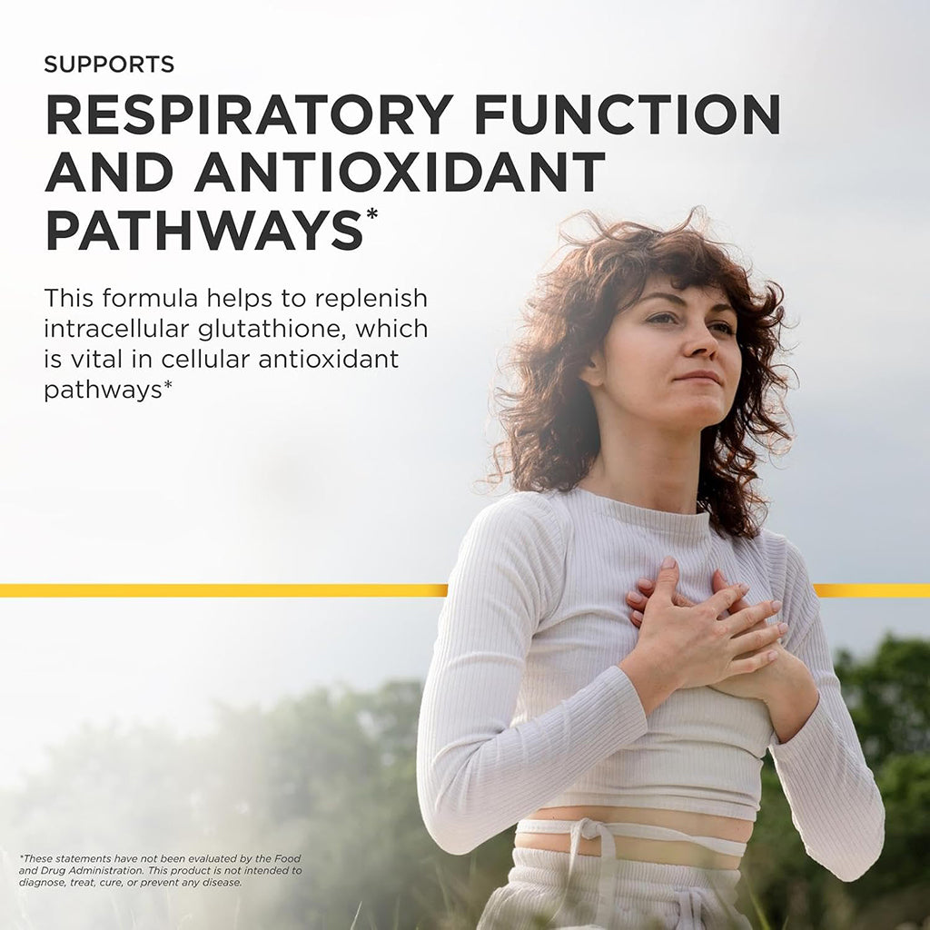 A woman outdoors with her hands over her chest, shown beside large text that reads 'SUPPORTS RESPIRATORY FUNCTION AND ANTIOXIDANT PATHWAYS' and a small disclaimer note. 