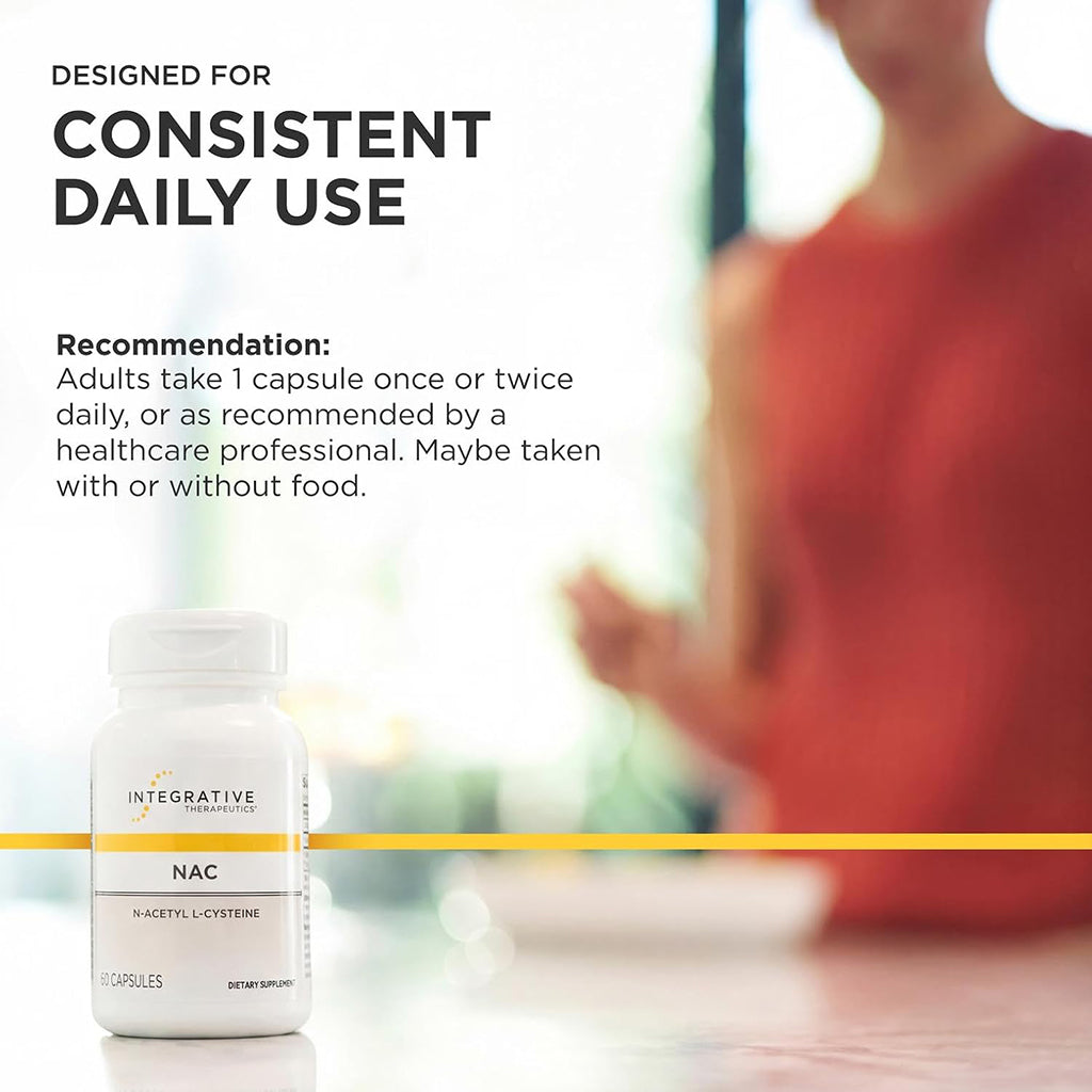 A white bottle of Integrative Therapeutics NAC capsules shown in the foreground, with large marketing text on the left and a blurred person in a red top in the background. The text states the product is designed for consistent daily use and gives dosage recommendations.
