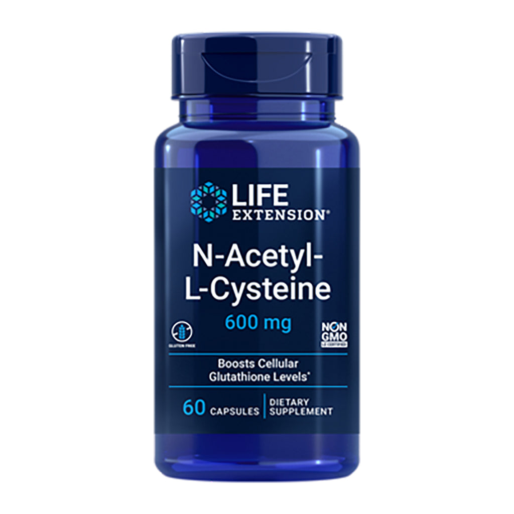 Blue supplement bottle labeled 'Life Extension N-Acetyl-L-Cysteine 600 mg' on a white background