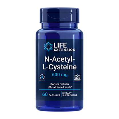 Blue supplement bottle labeled 'Life Extension N-Acetyl-L-Cysteine 600 mg' on a white background