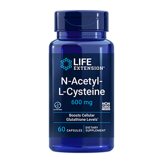 Blue supplement bottle labeled 'Life Extension N-Acetyl-L-Cysteine 600 mg' on a white background
