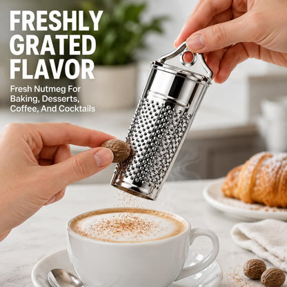 Hand using a nutmeg grater to sprinkle nutmeg on a cup of coffee with text 'Freshly Grated Flavor'.