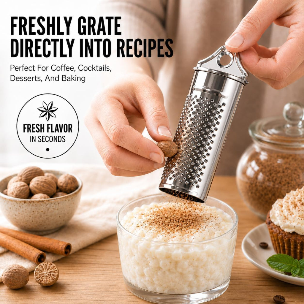 Person using a small handheld grater to add grated nutmeg into a glass of tapioca pudding on a wooden surface with cinnamon sticks and a bowl of nutmeg.