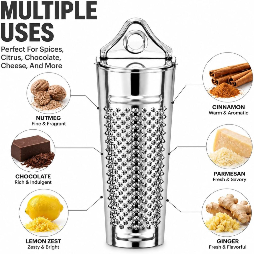 Metal spice grinder with uses for spices, citrus, chocolate, cheese, and more on a white background.