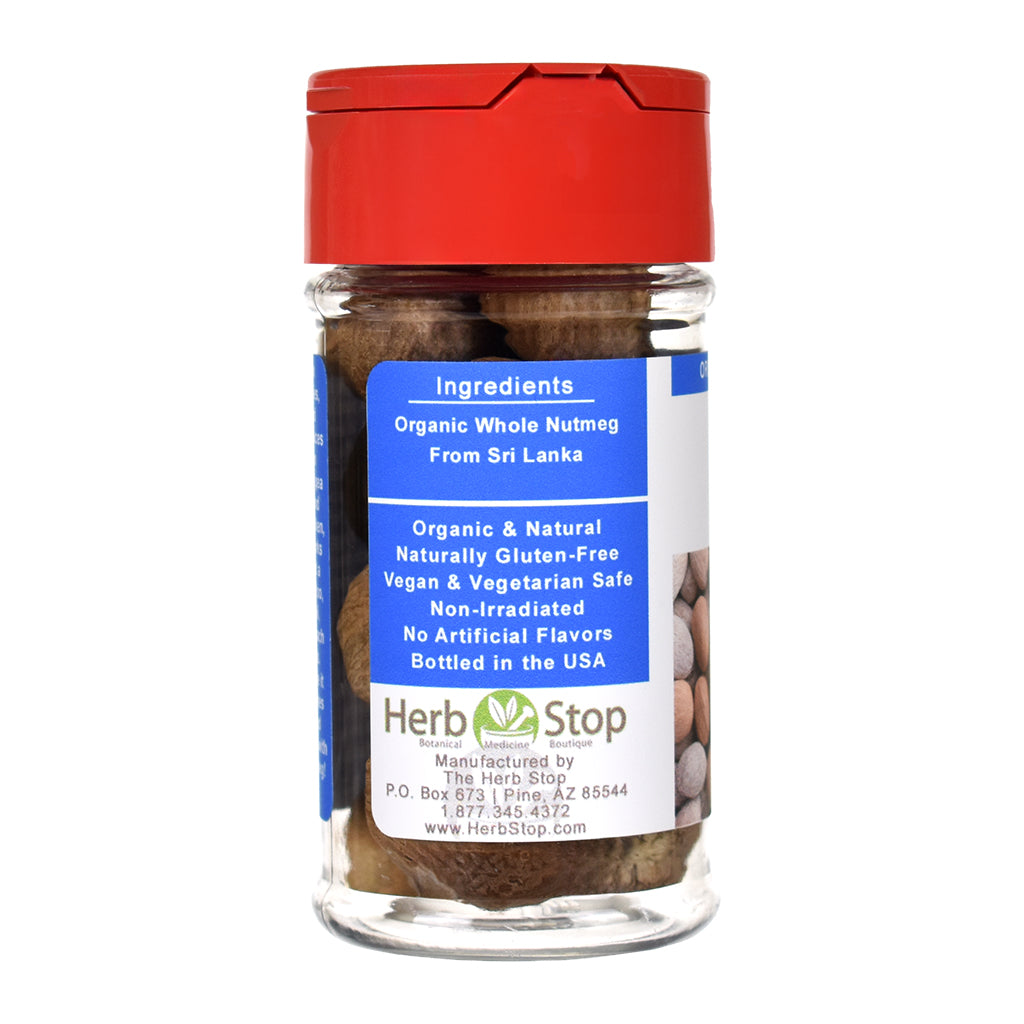 Herb Stop whole nutmeg jar with red lid on a white background