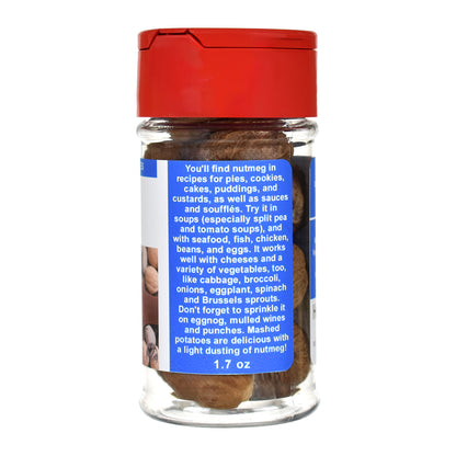 Whole Nutmeg spice jar with a red lid and blue label on a white background