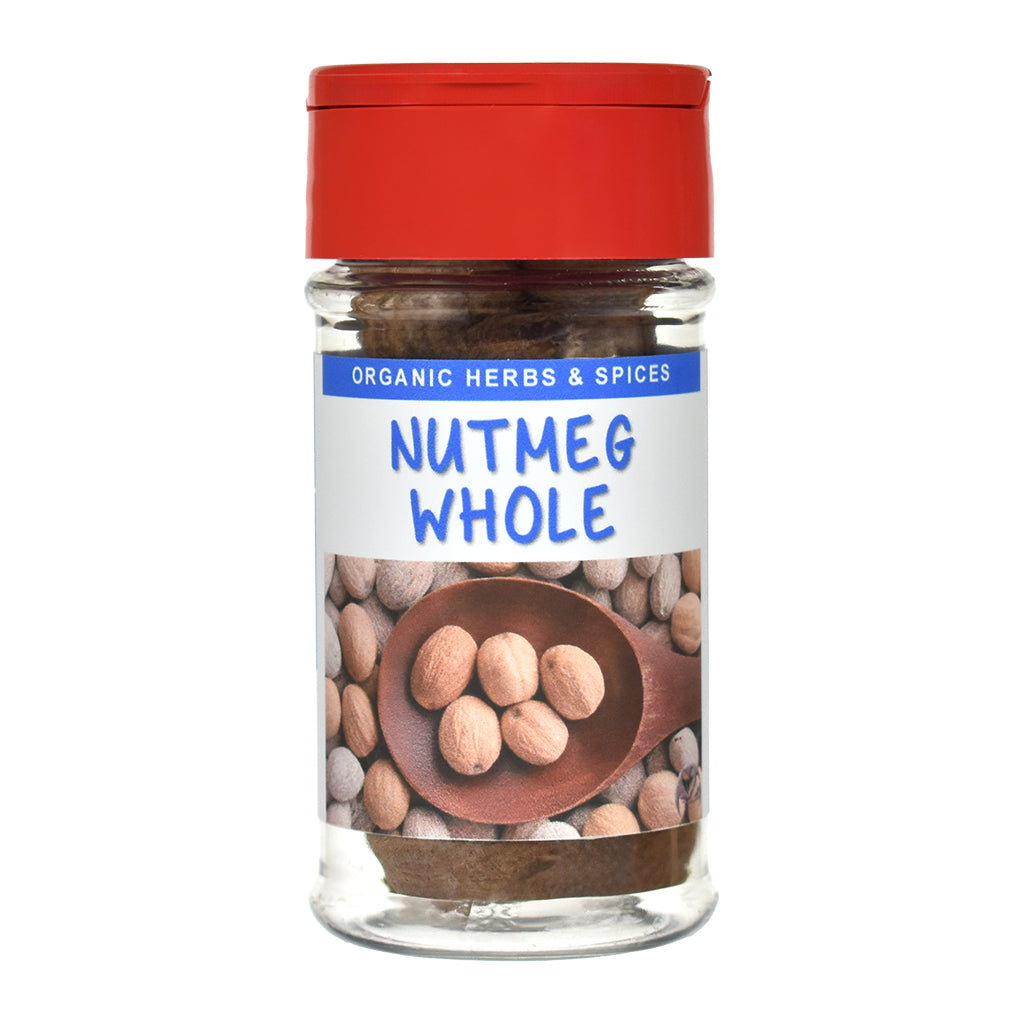 Jar of organic nutmeg whole with a red lid on a white background