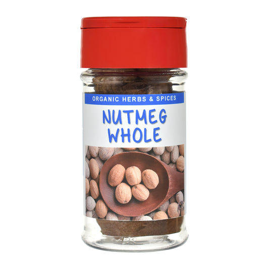 Jar of organic nutmeg whole with a red lid on a white background