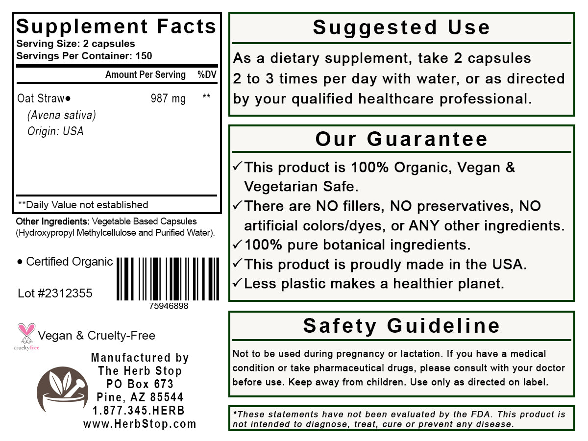 Oat Straw Capsules Label - Back