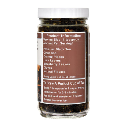 Jar of Orange Spice Black Tea with a label detailing ingredients and brewing instructions on a white background