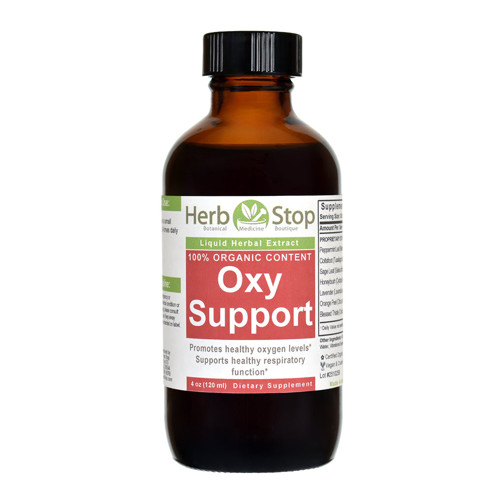 Bottle of Herb Stop Oxy Support 4 oz tincture on a white background