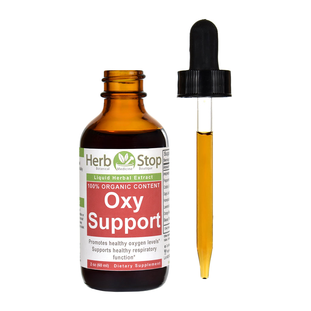 Herb Stop Oxy Support liquid extract bottle with dropper on a white background