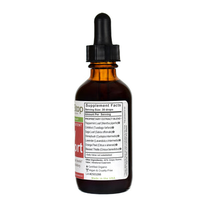 Bottle of Oxy Support liquid extract with dropper on a white background