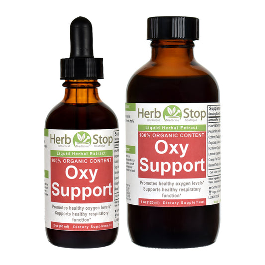 Two bottles of Herb Stop Oxy Support Tincture on a white background