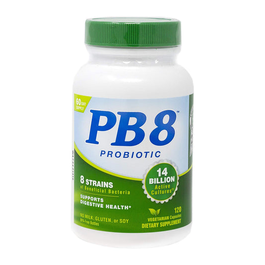 PB8 Probiotic supplement bottle with green cap on a white background