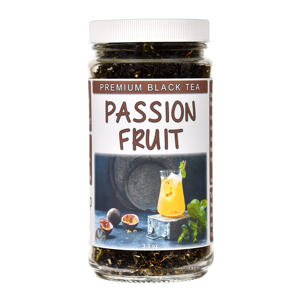Passion Fruit Loose Leaf Black Tea in a glass jar on a white background 