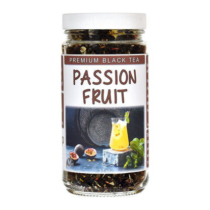 A jar of Premium Black Tea Passion Fruit, featuring a white label with brown text and a photo of a passion fruit drink, on a solid white background.