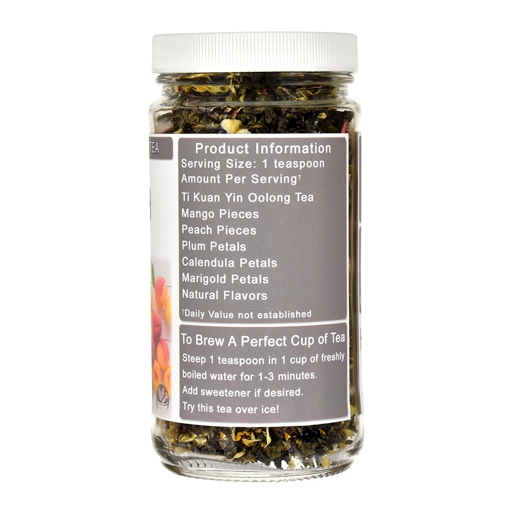 A jar of Peach Ti Kuan Yin Oolong Tea with a white lid and a gray label, shown on a plain white background.