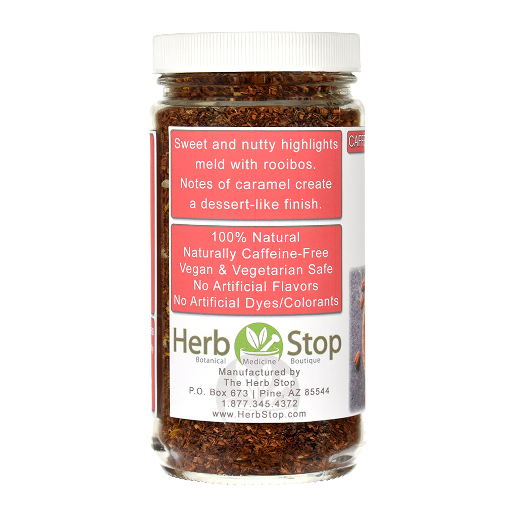 Jar of Herb Stop Pecan Pie Rooibos tea with a white label on a white background