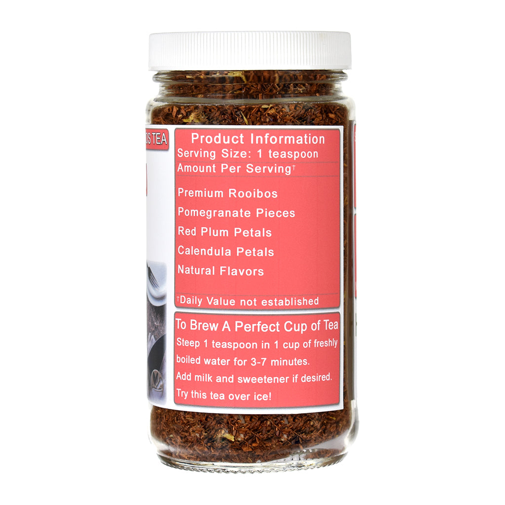 Jar of Pecan Pie Rooibos tea with a red label on a white background