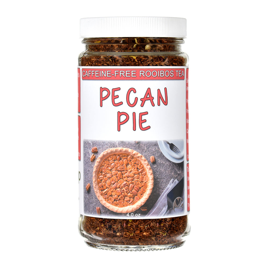 Jar of caffeine-free Pecan Pie rooibos tea on a white background