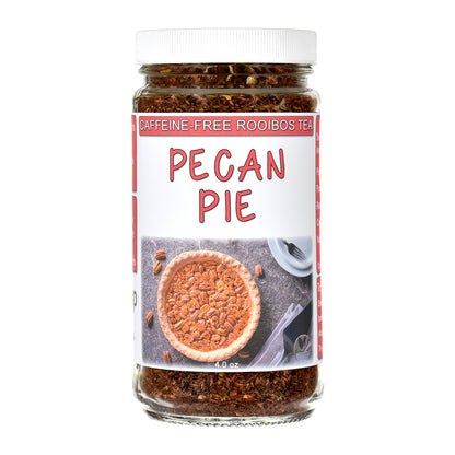 Jar of caffeine-free Pecan Pie rooibos tea on a white background