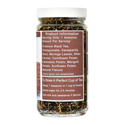 Jar of Pecan Tart Black Tea with a label detailing product information on a white background