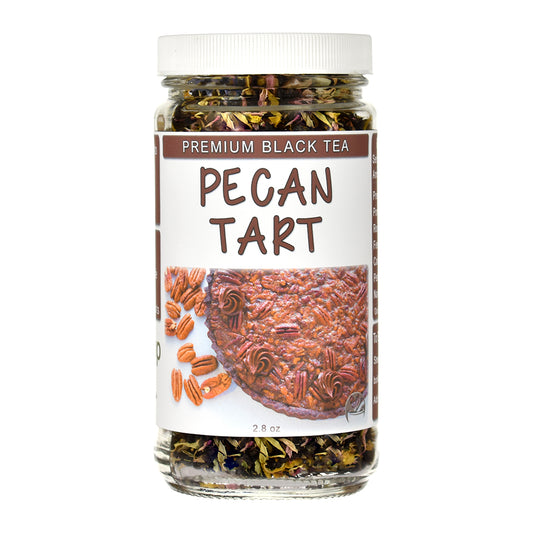 Jar of Pecan Tart premium black tea with a label on a white background