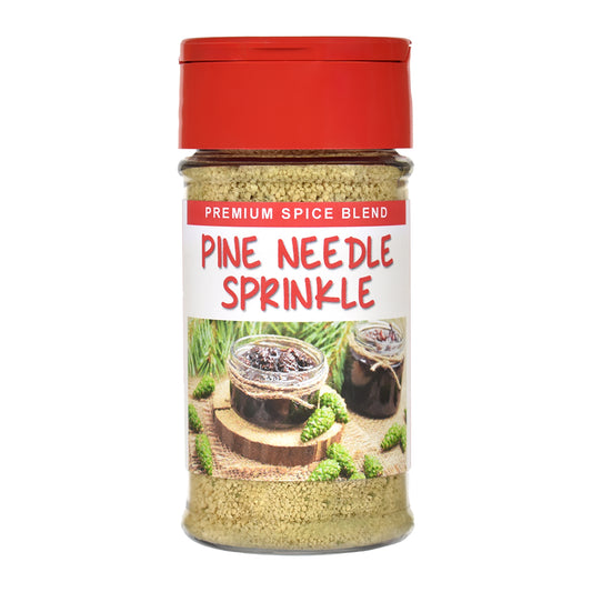Container of pine needle sprinkle with red lid and label on a white background