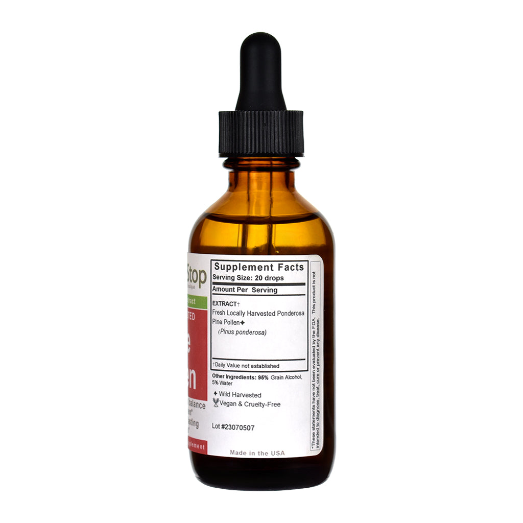 Wild Harvested Pine Pollen Liquid Extract 2 oz Bottle - Right