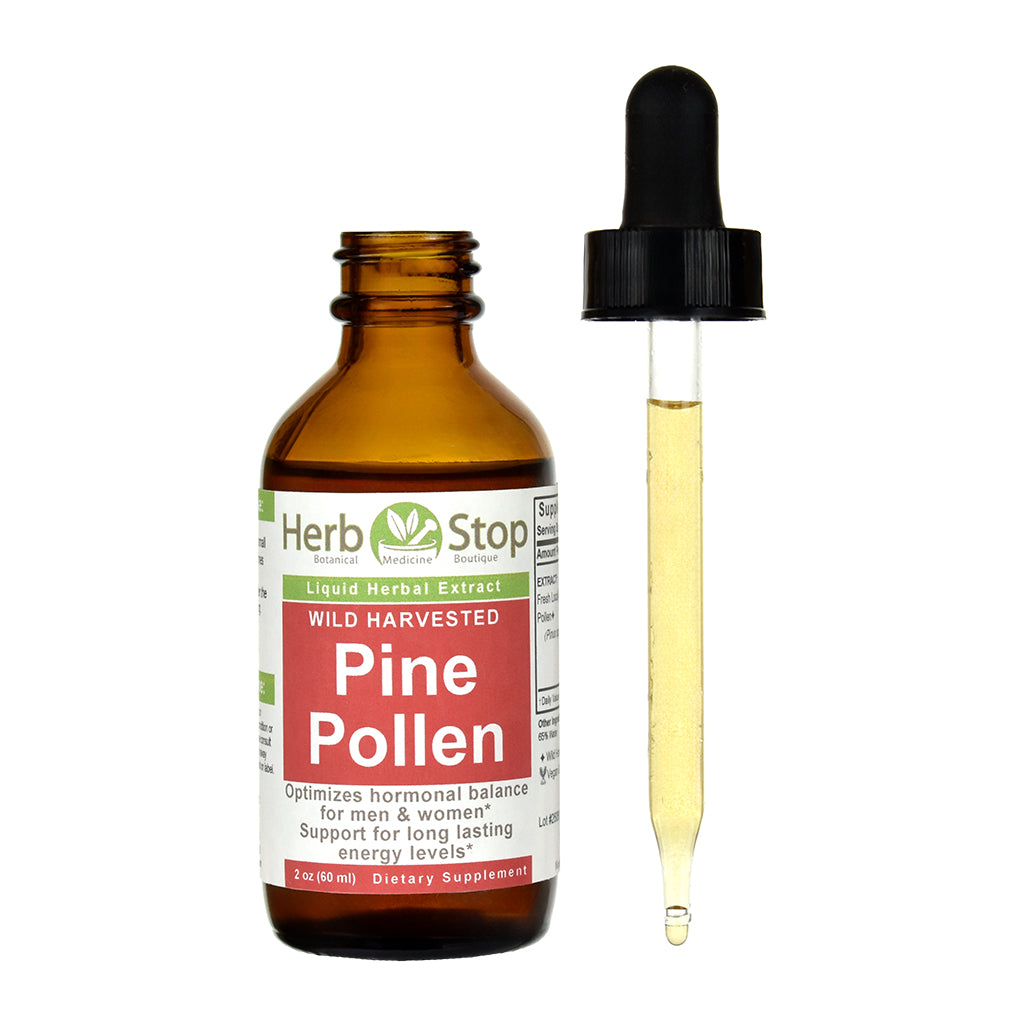 An amber glass bottle of Herb Stop Pine Pollen liquid herbal extract next to a glass dropper with a black cap, on a white background.