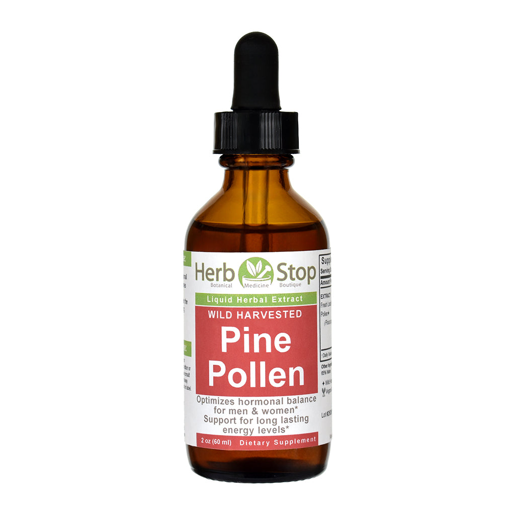 An amber glass dropper bottle of Herb Stop Pine Pollen liquid herbal extract, featuring a black dropper cap, on a plain white background.