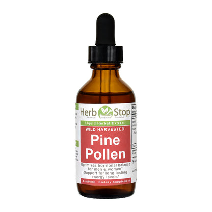 An amber glass dropper bottle of Herb Stop Pine Pollen liquid herbal extract, featuring a black dropper cap, on a plain white background.