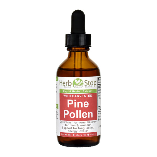 An amber glass dropper bottle of Herb Stop Pine Pollen liquid herbal extract, featuring a black dropper cap, on a plain white background.