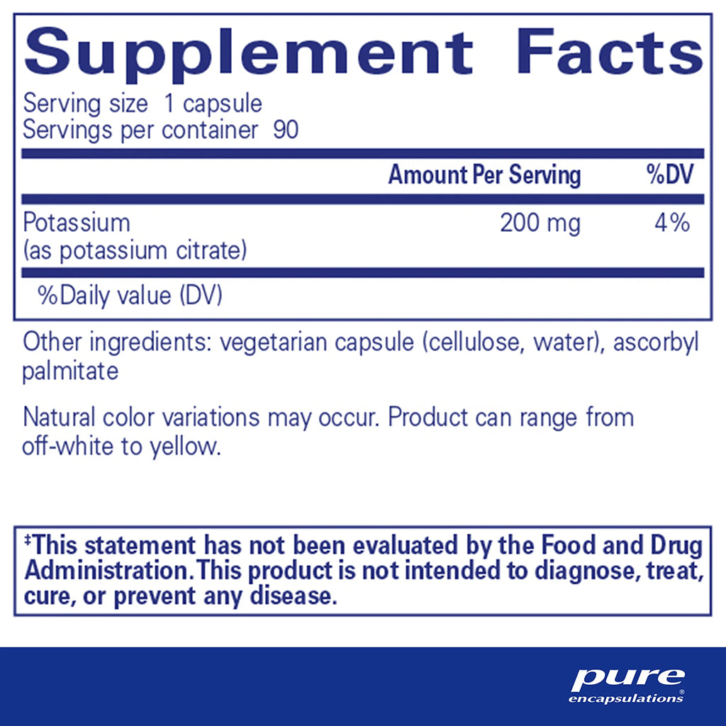 Supplement facts label for Potassium Citrate supplement with pure encapsulations branding.