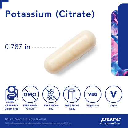 Potassium Citrate Capsule with nutritional information and branding on a white background