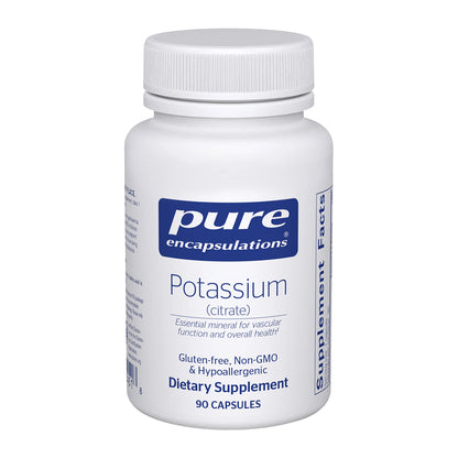 Supplement bottle labeled 'pure encapsulations Potassium' on a white background