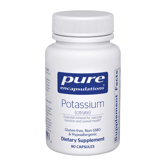 Supplement bottle labeled 'pure encapsulations Potassium' on a white background
