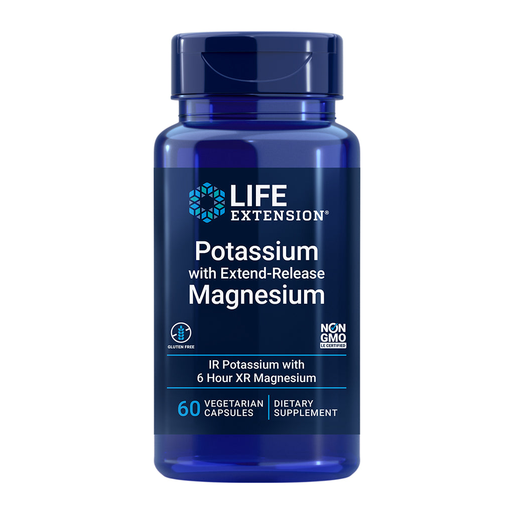 Blue supplement bottle labeled 'Life Extension' with potassium and magnesium on a white background