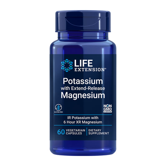 Blue supplement bottle labeled 'Life Extension' with potassium and magnesium on a white background