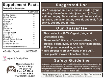 Organic Power Greens Powder Label - Back
