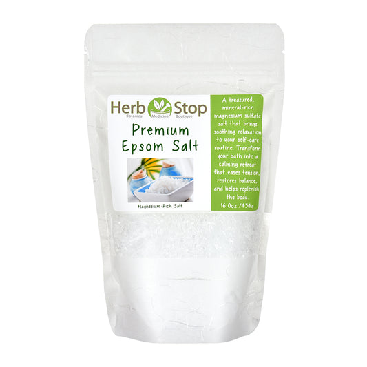 Premium Epsom Salt in a white bag on a white background