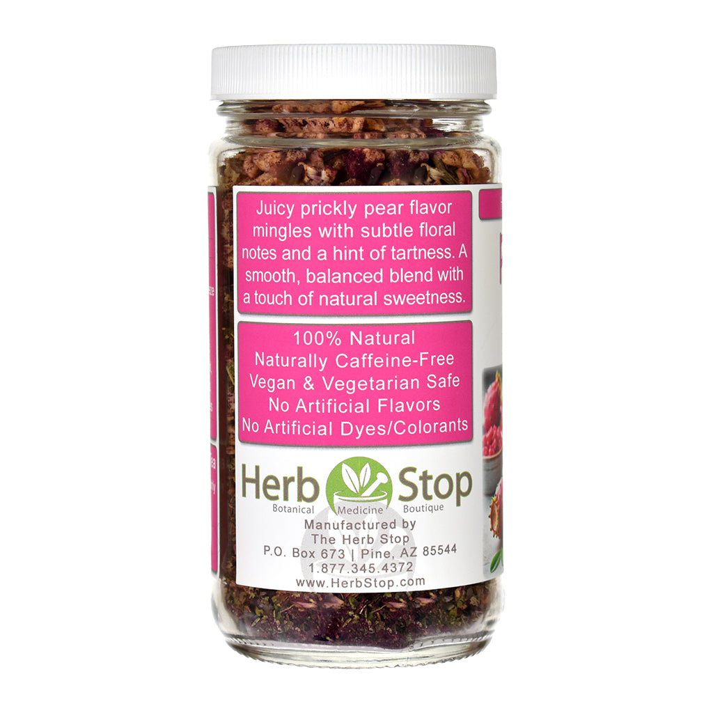 Jar of Prickly Pear Herb & Fruit Tea with a pink label on a white background